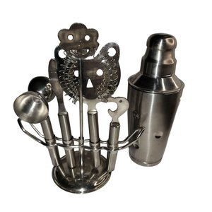 Godinger Silver Art Co 6PC Set Plus Stand Bar Tool Stainless Steel Mixing Retro